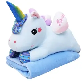 Plush Unicorn Cuddly Toy with Blanket 160x110cm Blue 55cm