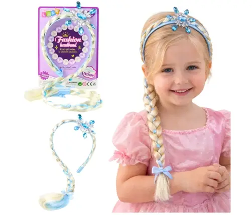 Headband with Long Braid Blue Ribbon Diamonds Snowflake 50 cm