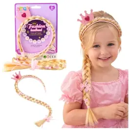 Headband with Long Braid Pink Ribbon Diamonds Crown 50 cm