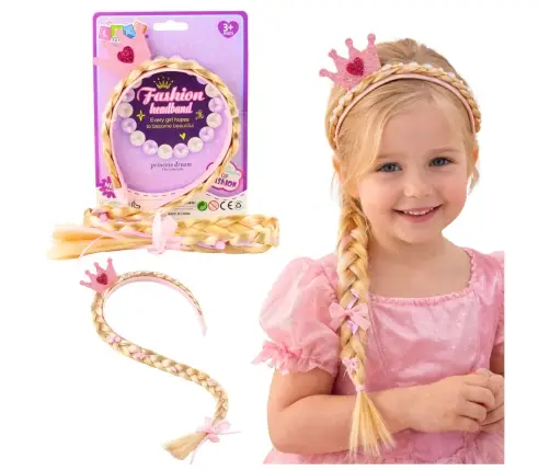 Headband with Long Braid Pink Ribbon Diamonds Crown 50 cm