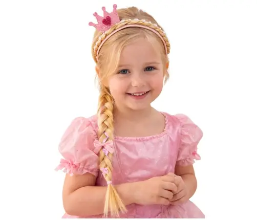 Headband with Long Braid Pink Ribbon Diamonds Crown 50 cm