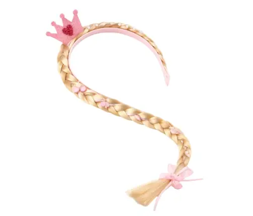Headband with Long Braid Pink Ribbon Diamonds Crown 50 cm