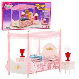 Doll Furniture Set: Canopy Bed, Nightstands, Lamps