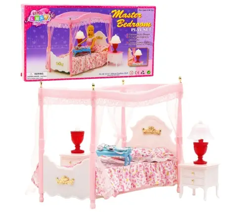Doll Furniture Set: Canopy Bed, Nightstands, Lamps