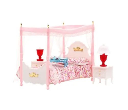 Doll Furniture Set: Canopy Bed, Nightstands, Lamps