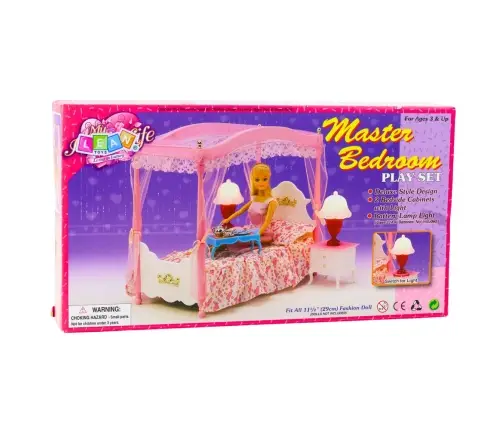 Doll Furniture Set: Canopy Bed, Nightstands, Lamps