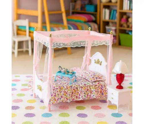 Doll Furniture Set: Canopy Bed, Nightstands, Lamps