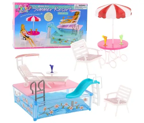 Summer Resort Doll Set with Pool, Slide, Sunbeds, and Umbrella