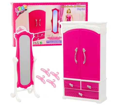 Doll Furniture Set Wardrobe Mirror Hangers Pink