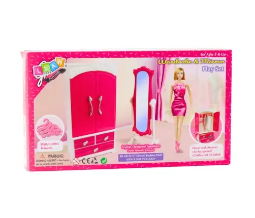 Doll Furniture Set Wardrobe Mirror Hangers Pink