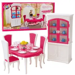 Puppen-Essgruppe: Tisch, Stühle, Anrichte, Geschirr Puppen-Essgruppe: Tisch, Stühle, Anrichte, Geschirr