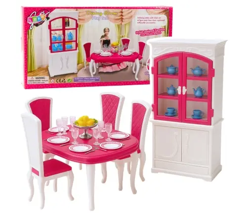 Puppen-Essgruppe: Tisch, Stühle, Anrichte, Geschirr