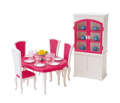 Puppen-Essgruppe: Tisch, Stühle, Anrichte, Geschirr