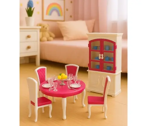 Puppen-Essgruppe: Tisch, Stühle, Anrichte, Geschirr