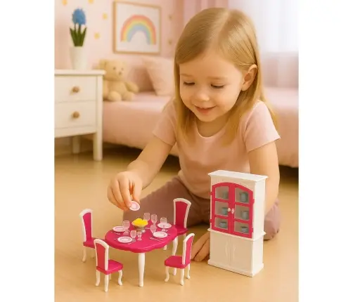 Puppen-Essgruppe: Tisch, Stühle, Anrichte, Geschirr