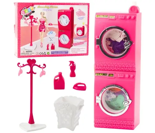 Doll Laundry Set Washing Machine Dryer Hanger Basket Pink