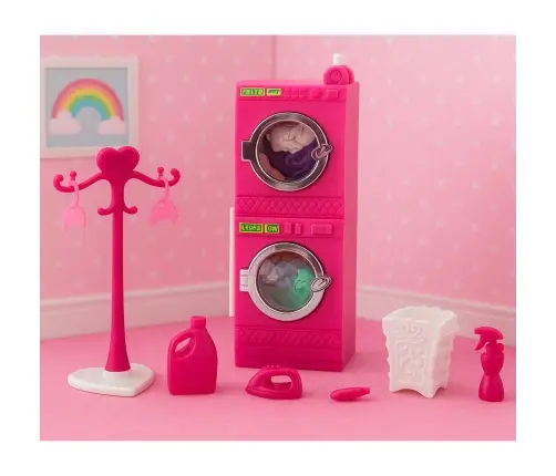 Doll Laundry Set Washing Machine Dryer Hanger Basket Pink