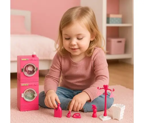 Doll Laundry Set Washing Machine Dryer Hanger Basket Pink