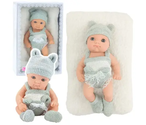Baby Doll with Blanket, White and Gray Outfit, Hat, 18 cm