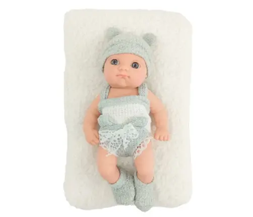 Baby Doll with Blanket, White and Gray Outfit, Hat, 18 cm