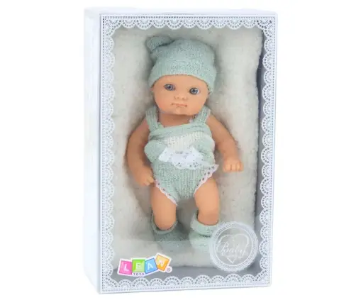 Baby Doll with Blanket, White and Gray Outfit, Hat, 18 cm