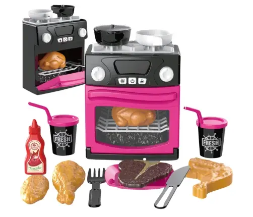 Spielküche mit Backofen, Lebensmitteln, Lichtern, Geräuschen, Rosa