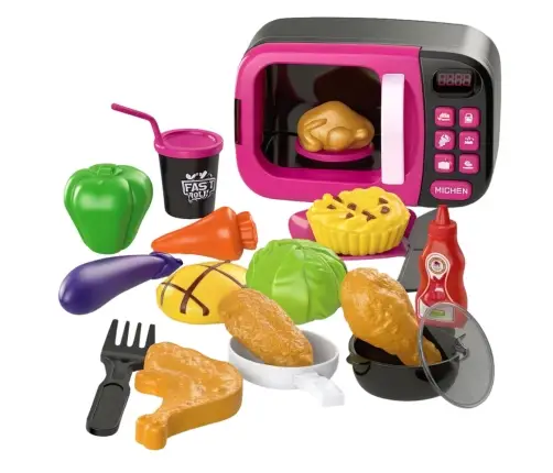 Microwave Toy For Kids Food 360 Rotation Lights Sounds Pink