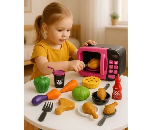 Microwave Toy For Kids Food 360 Rotation Lights Sounds Pink