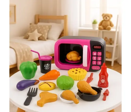 Microwave Toy For Kids Food 360 Rotation Lights Sounds Pink