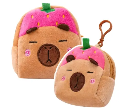 Plush Wallet with Keychain Capybara Strawberry Pink 9.5 x 8 cm