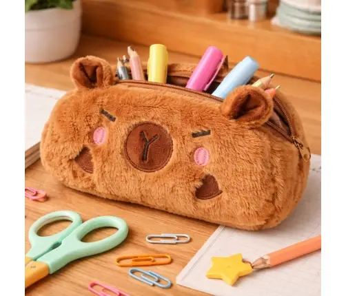 Plush Soft Capybara Pencil Case, Single Compartment, Brown, 19 x 10 cm
