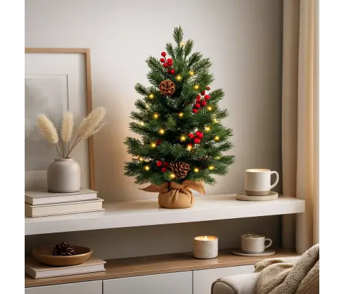 Decorative Christmas Tree, Artificial Red Rowan, LED Lights, 60 x 20 cm