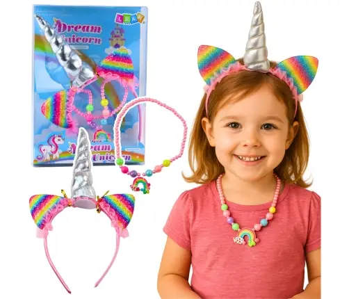 Set of Unicorn Headband, Ears, Horn, Necklace, Colorful