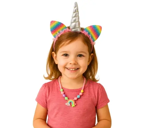 Set of Unicorn Headband, Ears, Horn, Necklace, Colorful