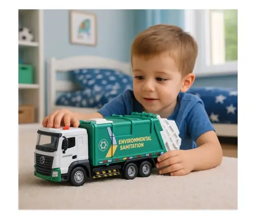 Garbage Truck For Kids Metal Cabin Bin Lights Sounds Green