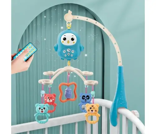 Crib Carousel Music Box with Lamp Rattles Teddy Bears Blue