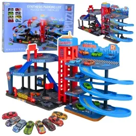 Parking Lot with Cars, 4 Level Track, 8 Metal Vehicles, Stickers