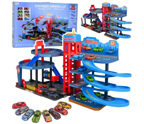 Parking Lot with Cars, 4 Level Track, 8 Metal Vehicles, Stickers