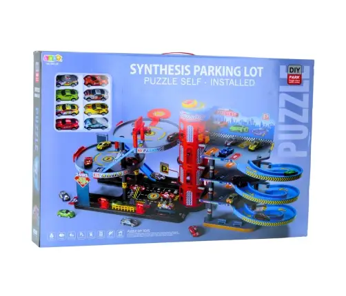 Parking Lot with Cars, 4 Level Track, 8 Metal Vehicles, Stickers