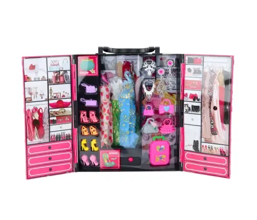 Pink Wardrobe Set for Dolls, Dresses, Shoes, Accessories