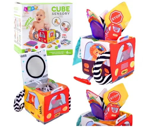 Soft Sensory Cube with Mirror Cars and Road Signs for Toddlers