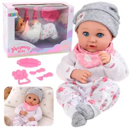 Baby Doll with Feeding Accessories, Bib, Hat, 28 cm