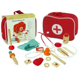 Wooden Doctor's Set in a Bag Stethoscope Pressure Gauge Hammer Syringe
