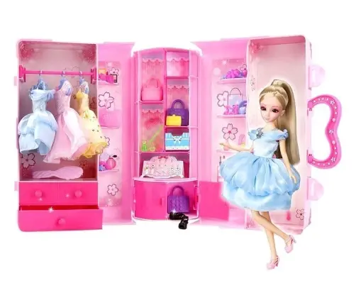 Doll, Model. Set of Clothes. Dressing. Jewelry in a Suitcase