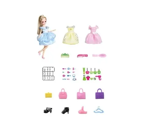 Doll, Model. Set of Clothes. Dressing. Jewelry in a Suitcase