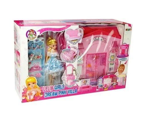 Fold-out dollhouse Blonde doll with accessories Kitchen Toilet Bedroom in a Suitcase