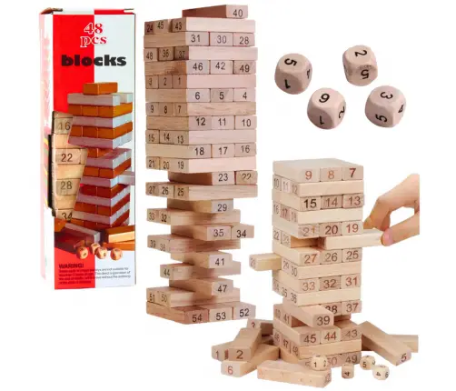 54pcs Wooden Tumbling Tower Blocks Game+Dice