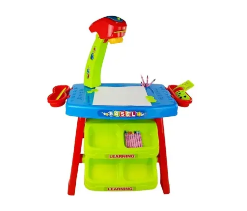 Educational Drawer Table with Projector 36 Pictures Crayons Templates Blue and Red