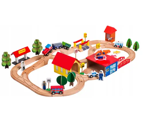 Wooden Train Track Cars Trees Buildings