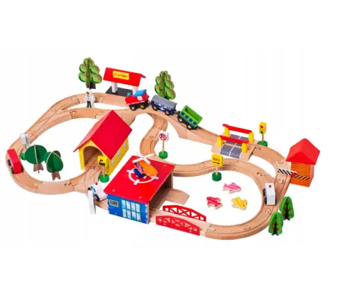 Wooden Train Track Cars Trees Buildings